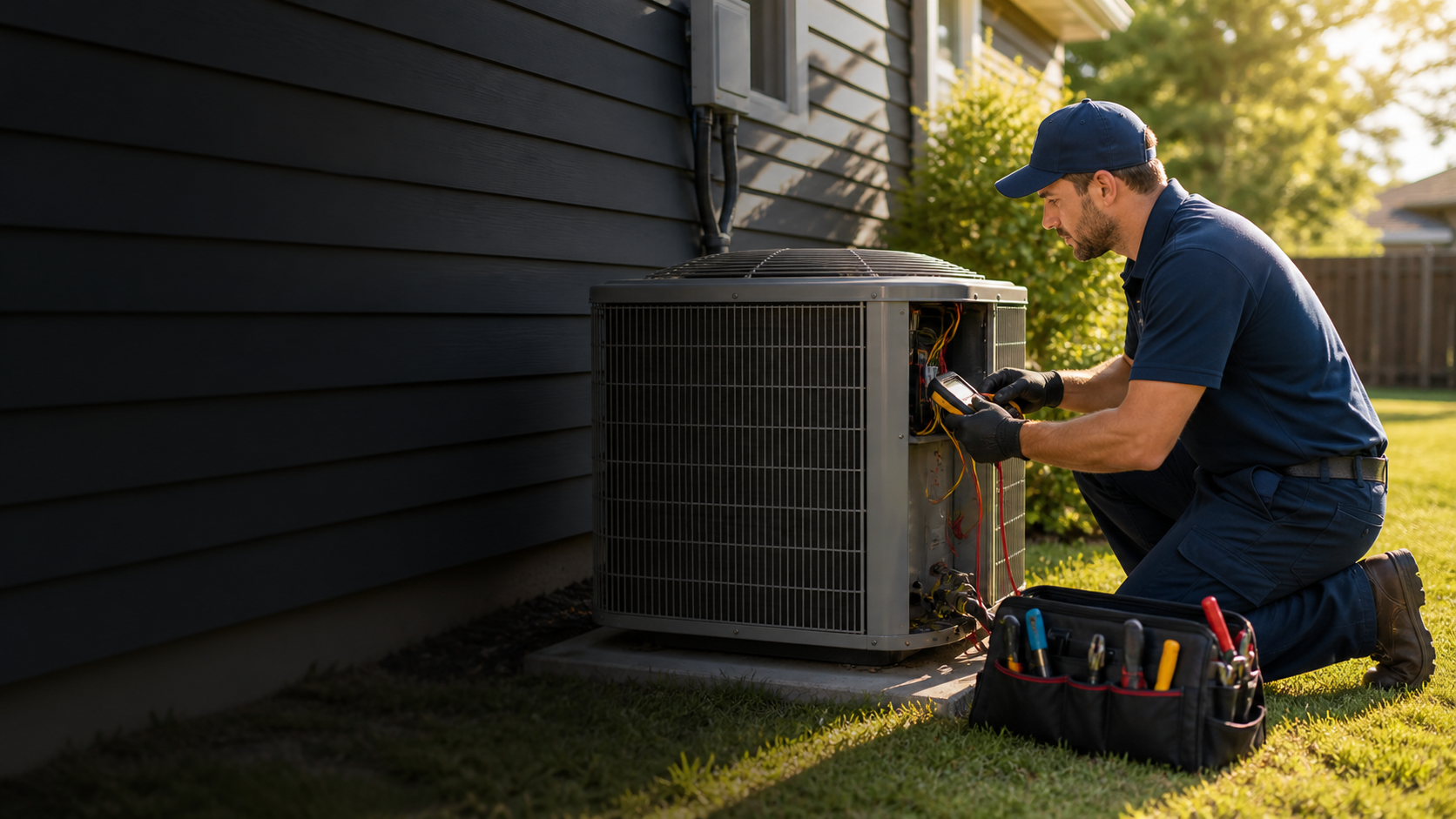 HVAC technician servicing an outdoor AC unit